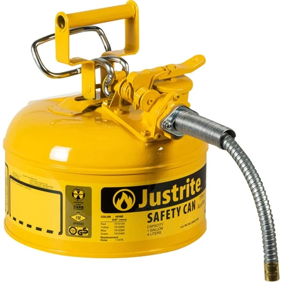 1 Gallon, Type II Steel Safety Can W/5/8" Dia. Hose For Flammables, Yellow 1 1 Gallon, Type II Steel Safety Can W/5/8" Dia. Hose For Flammables, Yellow