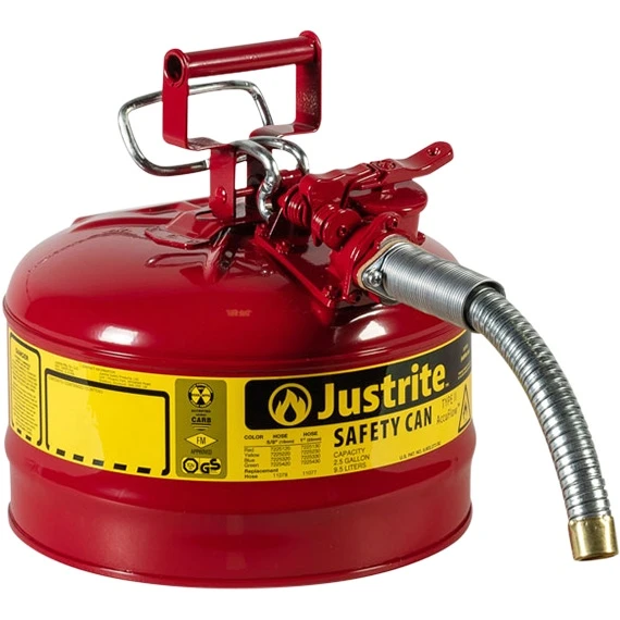 2.5 Gallon, Type II Steel Safety Can W/1" Dia. Hose For Flammables, Red 1 2.5 Gallon, Type II Steel Safety Can W/1" Dia. Hose For Flammables, Red