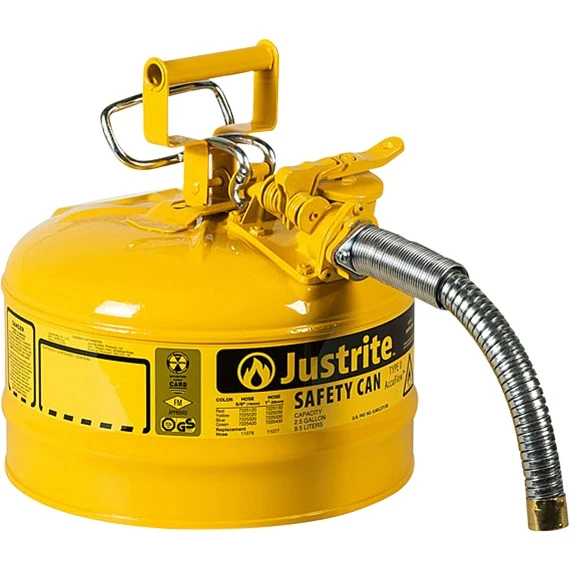2.5 Gallon, Type II Steel Safety Can W/1" Dia. Hose For Flammables, Yellow 1 2.5 Gallon, Type II Steel Safety Can W/1" Dia. Hose For Flammables, Yellow