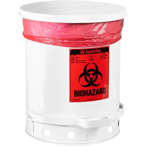 10 Gallon White Biohazard Waste Can, Foot-Operated Self-Closing Cover 1 10 Gallon White Biohazard Waste Can, Foot-Operated Self-Closing Cover