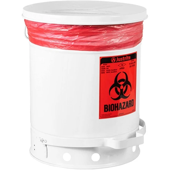 10 Gallon White Biohazard Waste Can, Foot-Operated Self-Closing SoundGard™ Cover 1 10 Gallon White Biohazard Waste Can, Foot-Operated Self-Closing SoundGard™ Cover