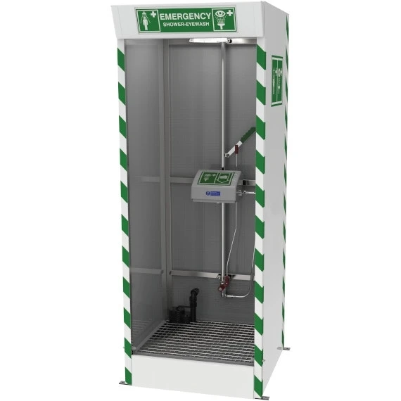 Emergency Cubicle Safety Shower W/ Eyewash Station, Covered ABS Bowl, Sump Pump, 120V 1 Emergency Cubicle Safety Shower W/ Eyewash Station, Covered ABS Bowl, Sump Pump, 120V