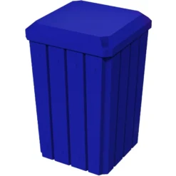 32 Gallon Blue Slatted Square Trash Receptacle, Flat Lid Dust Cover