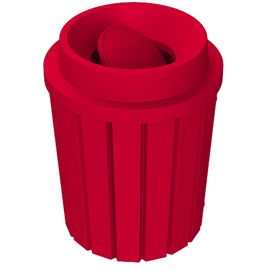 42 Gallon Red Slatted Trash Receptacle, Funnel Top Bug Barrier Lid 1 42 Gallon Red Slatted Trash Receptacle, Funnel Top Bug Barrier Lid