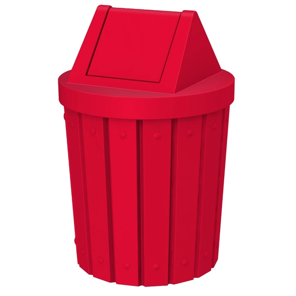 42 Gallon Red Slatted Trash Receptacle, Swing Top Lid 1 42 Gallon Red Slatted Trash Receptacle, Swing Top Lid