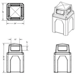 52 Gallon Brown Square Trash Receptacle, 4-Way Open Lid -LOUS Supplies Shop s7301a 00 drawing 2